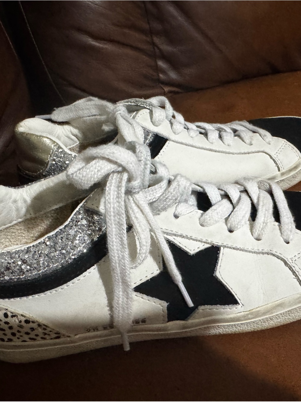 Vintage Havana White Leather Sneakers with Black Star & Silver Glitter Heel